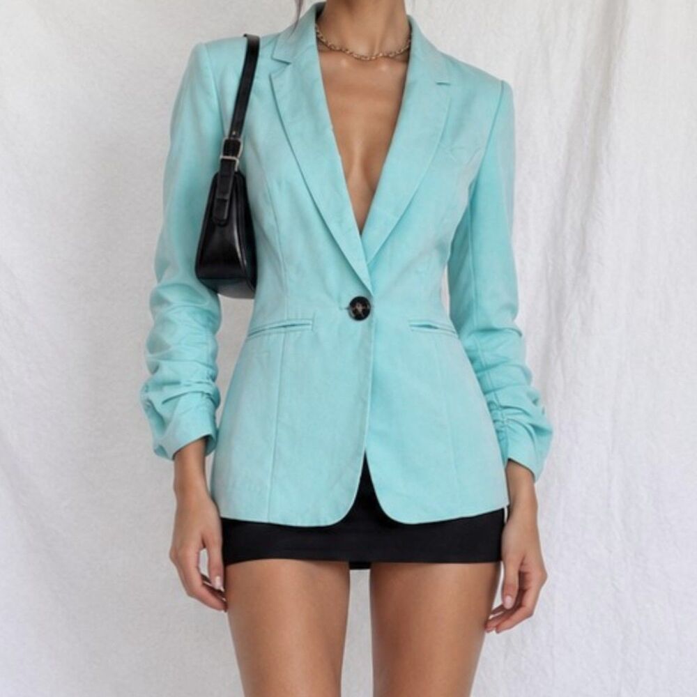Vintage Y2K 90s Blue Colored Pastel Ruched Sleeve Blazer Suit Coat Jacket XS/S